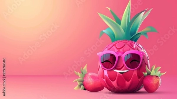 Fototapeta A Cheerful Cartoon Pineapple Character Dressed in Pink Sunglasses, Surrounded by Fresh Strawberries Against a Vibrant Pink Background
