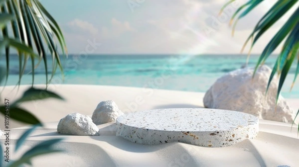 Fototapeta A Serene Beach Scene Featuring a Round White Stone Table Surrounded by Natural Elements and Calm Ocean Waves in the Background