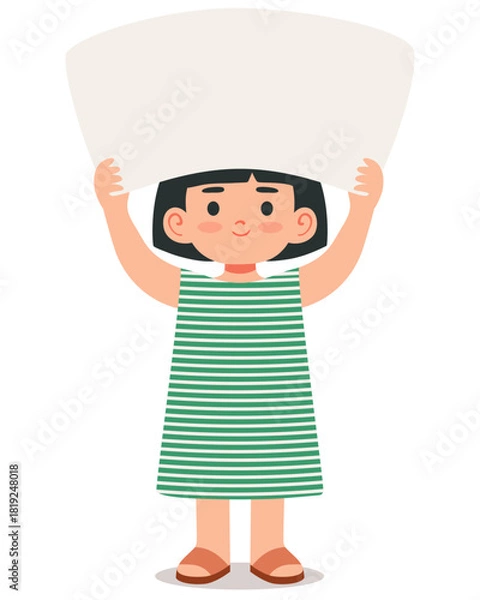 Fototapeta Cute girl holding a blank sign above her head. Perfect for promotions, announcements, invitations, campaigns, and any design needing friendly, positive copy space.