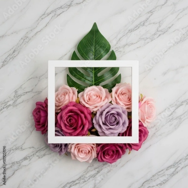 Fototapeta Minimalist white frame with roses and green leaf on a marble table