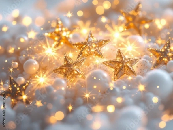 Fototapeta Golden glitter stars and magical bokeh lights in festive setting