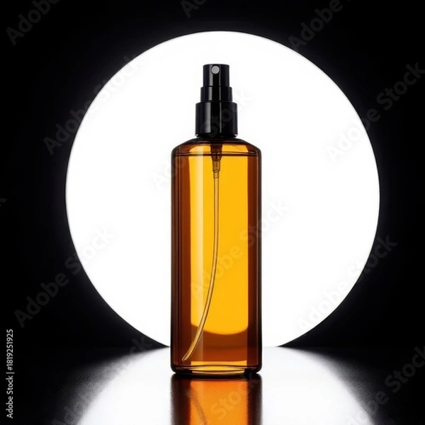 Fototapeta Amber spray bottle with black atomiser cap, circular light setup