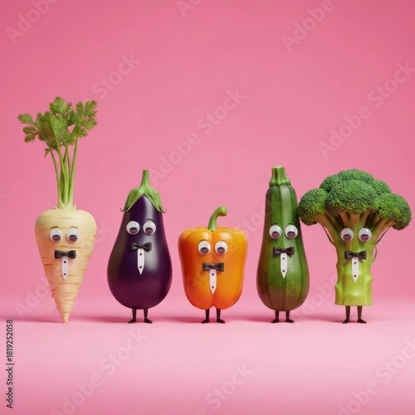 Fototapeta Well-dressed vegetables in tuxedos with googly eyes on pink