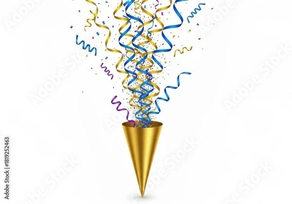 Fototapeta Golden party popper with colorful confetti and streamers burst