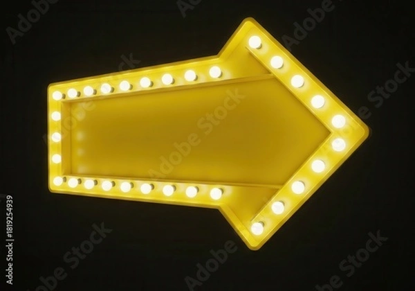 Fototapeta Yellow retro illuminated arrow sign with glowing bulbs for text