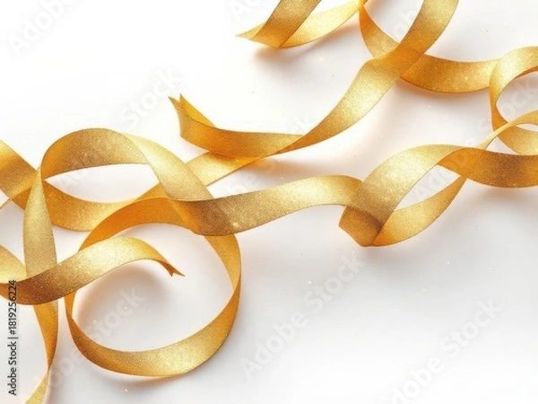 Fototapeta Sparkling gold ribbons elegantly coiled on a clean white surface