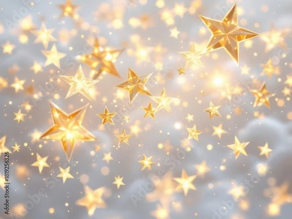 Fototapeta Radiant golden stars and sparkling bokeh lights on a soft background.