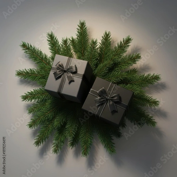 Fototapeta Elegant dark gift boxes with bows on evergreen branches for holidays
