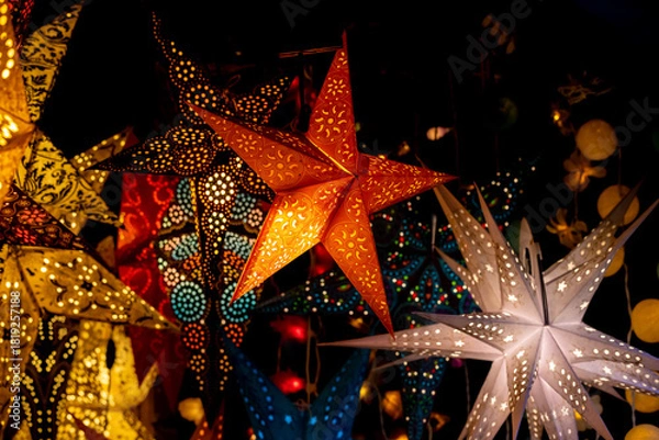 Fototapeta Christmas decoration with ornaments lights fir branches golden baubles red ribbons and festive details creating holiday atmosphere indoor seasonal design bright colorful winter celebration style scene