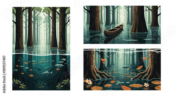 Obraz Set of three serene illustrations of a flooded forest, showing a canoe, underwater life, and floating autumn leaves.