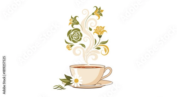 Obraz Elegant cup of hot tea or coffee with floral and leafy steam swirls and a chamomile flower on the saucer.