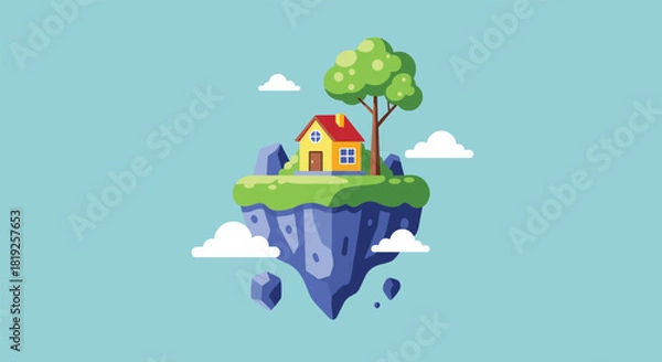Fototapeta Cozy little house with a red roof and a green tree situated on a small floating island in a peaceful blue sky.