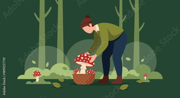 Obraz Illustration of a woman in a green forest carefully picking large red and white fly agaric mushrooms into a basket.