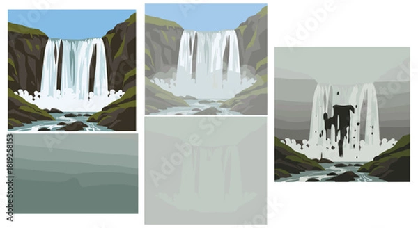 Fototapeta Set of illustrations showing a powerful waterfall cascading down rocky cliffs, including various stages of completion.