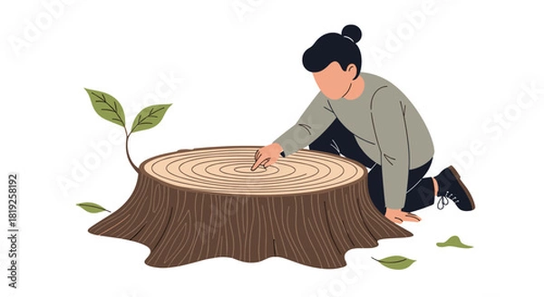 Fototapeta Person kneeling and touching the rings of a tree stump, with a new green sprout growing from the side.
