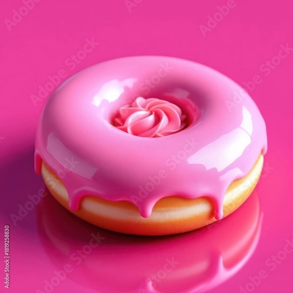 Fototapeta Sweet pink glazed donut with intricate frosting swirl design.