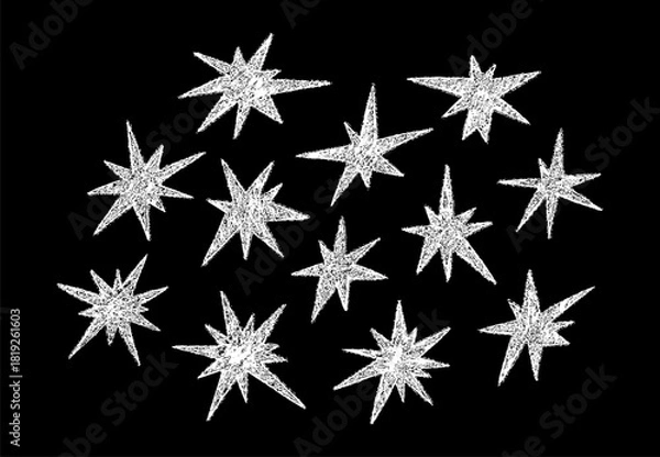 Obraz Celestial sparkle collection with chalk-textured elements, pastel sketched icons and twinkling shapes. Vector illustration featuring cool star figures, party decorations on chalkboard background.