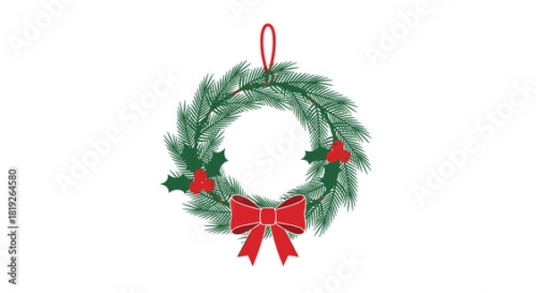 Obraz Simple and traditional Christmas wreath made of green fir branches, decorated with red holly berries and a large red bow.