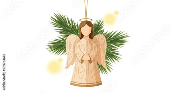 Fototapeta Wooden angel ornament with a golden halo hanging in front of a green fir branch with sparkling golden lights.