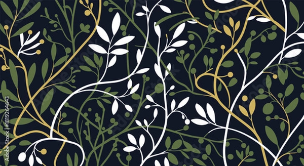 Fototapeta Seamless floral pattern with intertwined white, green, and yellow vines and leaves on a dark navy blue background.
