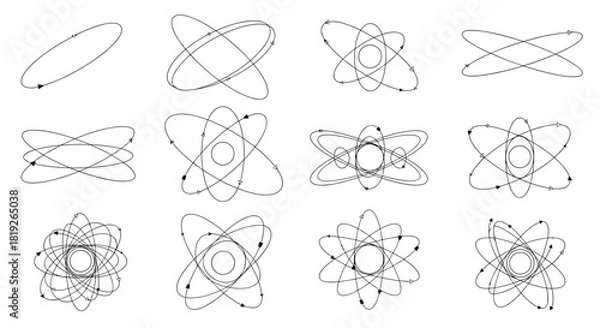 Fototapeta A set of twelve scientific icons representing atomic orbits and particle pathways in a black and white line art style.