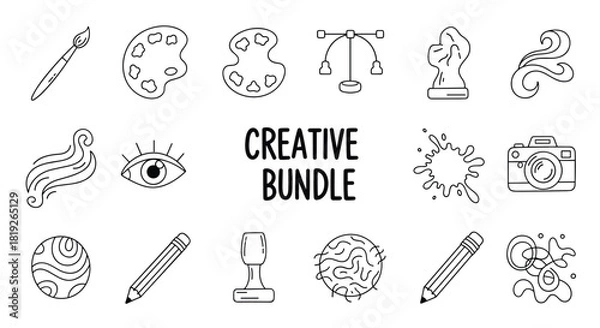 Fototapeta A creative bundle of seventeen art and design icons in a simple black and white line art doodle style.