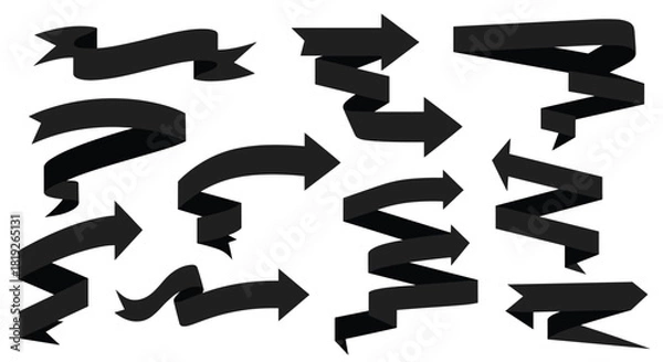 Obraz Collection of twelve black ribbon banners and arrows in various folded and curled styles for titles and text.