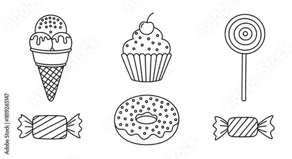 Fototapeta Set of six sweet dessert and candy icons in a simple black and white line art style for coloring pages.