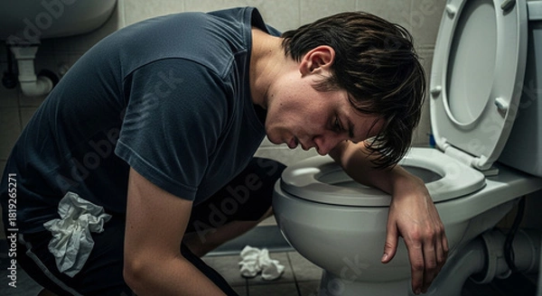 Fototapeta Young man experiencing nausea and sickness, leaning over toilet with tissues nearby, depicting illness, hangover, or food poisoning in a dramatic scene