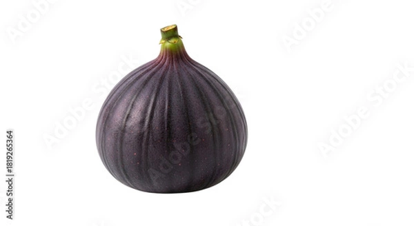 Fototapeta A single ripe fig isolated on transparent background, showcasing its deep purple skin, delicate texture, and the small green stem, a perfect representation of fresh fruit