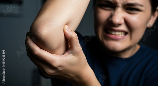 Fototapeta Woman experiencing sharp elbow pain, holding arm in discomfort, perfect for health and medical content about injuries and common ailments with a focus on pain