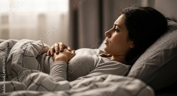 Fototapeta Pensive woman in bed lost in thought, portraying insomnia, anxiety, or quiet reflection in a peaceful, calming setting for wellness campaigns