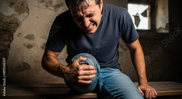 Fototapeta Man experiencing severe knee pain after injury, sitting in distress in dimly lit space, highlighting healthcare challenges and personal struggles with injury