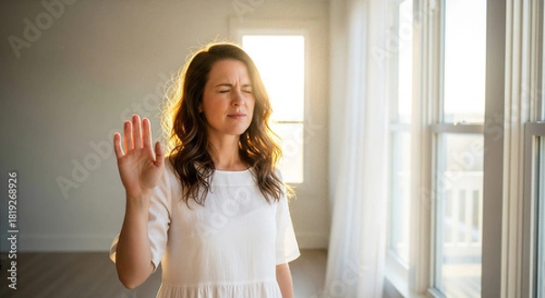 Fototapeta Woman shielding her eyes from the sun in bright room - seeking relief from sunlight streaming through window, feeling the warmth and light in home