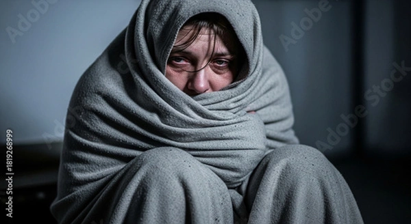 Fototapeta Vulnerable woman wrapped in blanket seeks comfort, conveying loneliness and emotional distress in a raw, authentic portrayal of mental health struggles