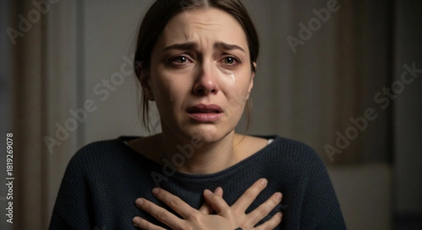 Fototapeta Heartbroken woman with tears streaming down her face, conveying deep sadness and vulnerability, suitable for mental health awareness campaigns