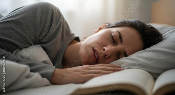 Fototapeta Tired young woman peacefully sleeping with a book on her bed, resting after a long day of reading in a cozy bedroom with soft natural light