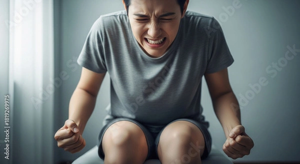 Fototapeta Woman experiencing intense pain with clenched fists in despair, health suffering and emotional distress, seeking medical solutions and mental wellness