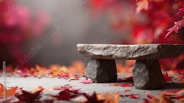 Fototapeta Stone bench with autumn leaves display