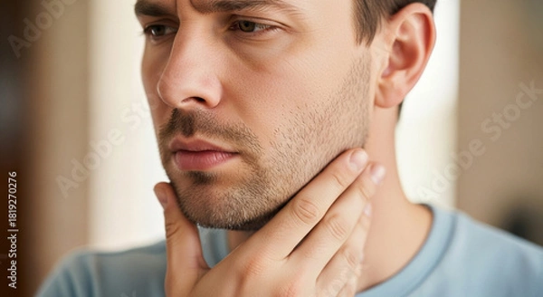 Fototapeta Concerned man checking his skin in mirror, perhaps after shaving or noticing a blemish, conveying worry, health, beauty, and self-care themes
