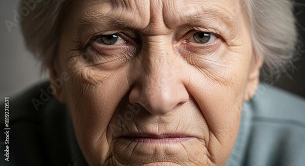 Fototapeta Intense portrait of an elderly woman's face revealing a lifetime of stories and wisdom, her eyes reflecting strength and resilience in older age