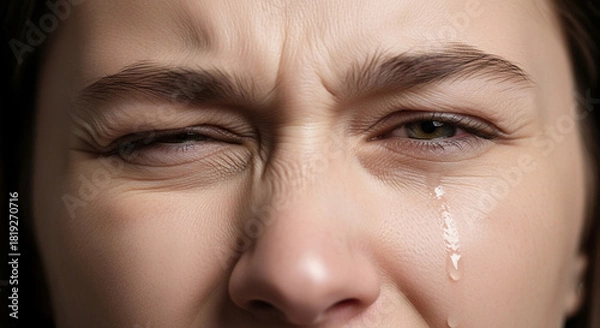 Fototapeta Woman's emotional close up with a single tear running down her cheek, conveying sadness, grief, or intense frustration in a detailed portrait