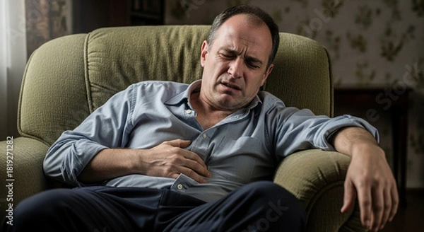 Fototapeta Stressed man experiencing stomach pain at home, seeking relief on the couch, may represent digestive issues, anxiety, or general health concerns