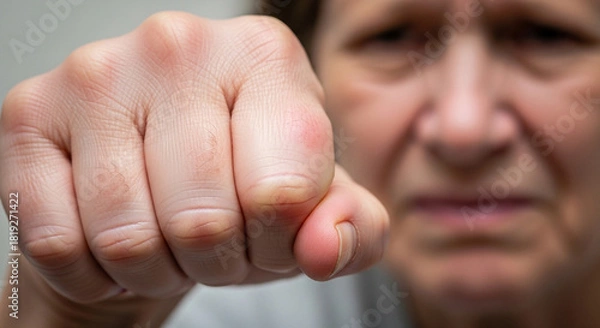 Fototapeta Upset person clenches fist tightly, ready to fight for justice and equality, conveying anger and frustration, symbolizing strength in the face of adversity