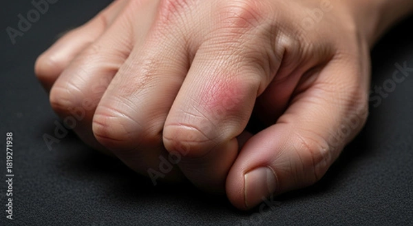 Fototapeta Swollen finger knuckle close-up for medical educational use or personal health concepts, offering an authentic look at inflammation and potential discomfort