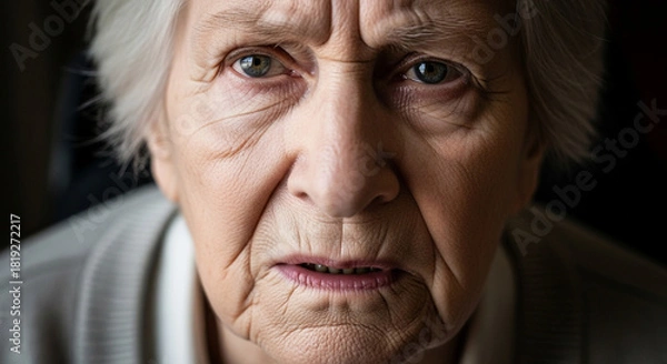Fototapeta Worried elderly woman facing challenges and showing deep concern, her face reflecting a lifetime of experience and resilience, a portrait of aging