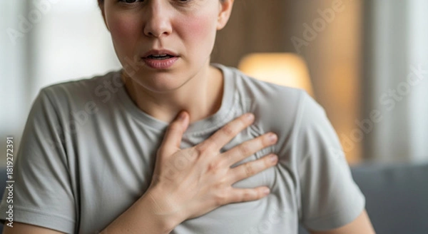 Fototapeta Woman experiencing chest pain or anxiety at home, needing urgent care, feeling stressed and overwhelmed, health concern, shortness of breath, panic attack