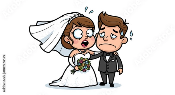 Fototapeta Humorous wedding cartoon depicting a bride's anxiety and groom's dismay reaction