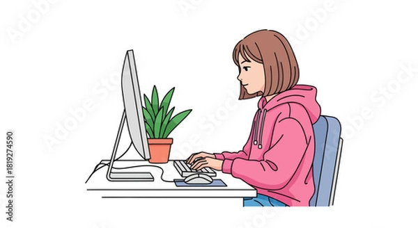 Fototapeta Illustration depicting a young woman working at a computer in a home office setting