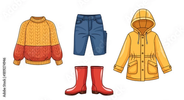 Fototapeta Illustrative fashion apparel set: a knitted sweater, denim jeans, a raincoat, and boots ensemble